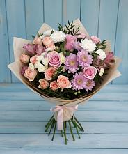 Букет цветов из:  Хризантемы, Розы и Альстромерии #REPLACE_PRED# Лесной Поляне
